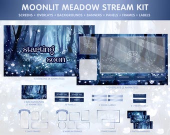 Blue Twitch Overlay Package - Animated Background, Twitch Panels, Starting Soon Screens, Webcam Frames, Chat Overlays - Moonlit Meadow