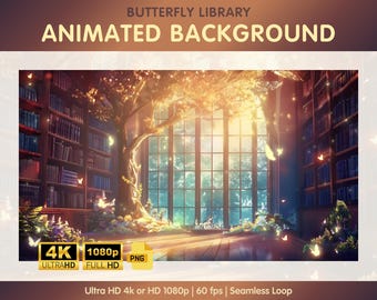 Fondo animado, fondo acogedor de Vtuber Lo-Fi, recursos de Vtuber, fondo de Twitch, decoraciones de la biblioteca encantada para transmisiones de Twitch