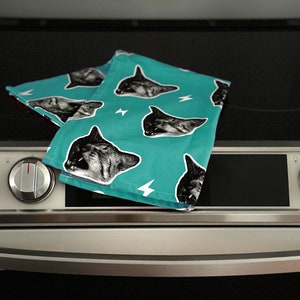 Cat Tea Towel - Teal, Funky Kitchen Towel, Cat Lover Gift, Quirky Home Decor, Kitty Dish Towel, Maximalist Decor, Unique Housewarming Gift