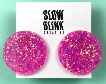 Pink Glitter Clip On Earrings - Handmade Jewelry Gift