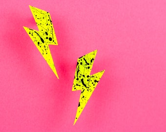 Neon Yellow Lightning Bolt Earrings (Medium), UV Rave Jewelry, Cyberpunk Studs, Edgy Maximalist Earrings, Hypoallergenic Handmade Jewelry