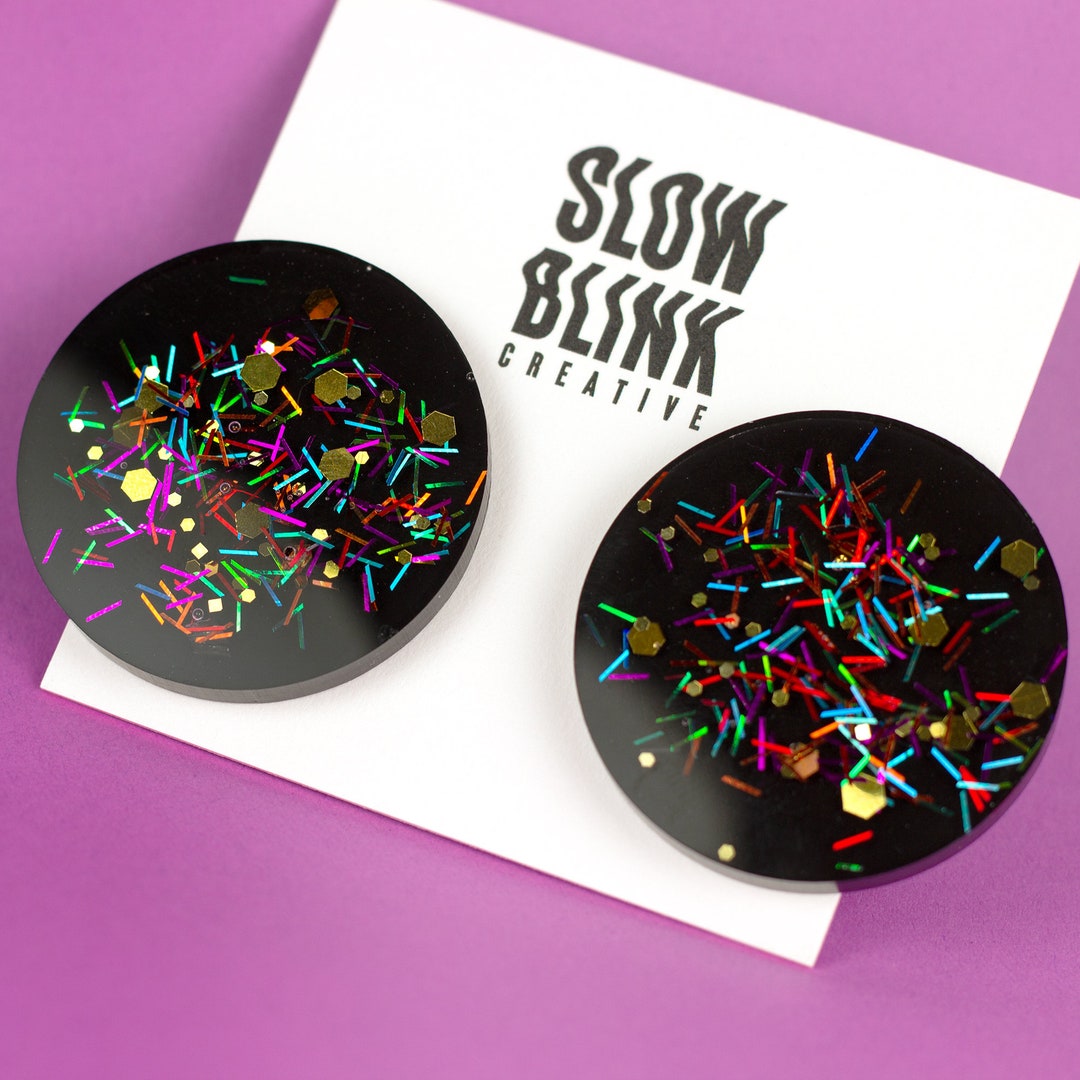 Large Black Resin Earrings With Fun Glitter Quirky Maximalist Etsy