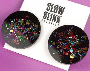 Large Black Resin Earrings With Fun Glitter, Quirky Maximalist Studs, Cool Funky Earrings, Unique Hypoallergenic Handmade Jewelry