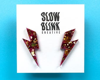Pink & Gold Glitter Lightning Bolt Earrings – Hypoallergenic 80s Studs