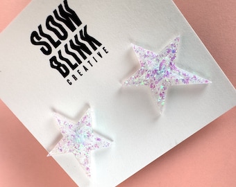 Handmade Star Earrings - Iridescent White, Hypoallergenic Statement Jewelry