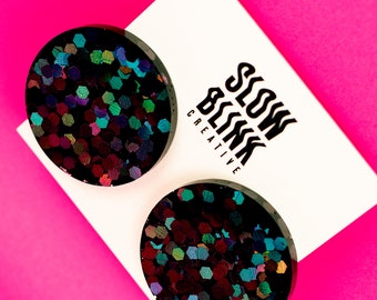 Black Disco Ball Resin Earrings, Holographic Festival Studs