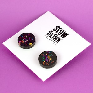 Black Resin Earrings, Glitter Earrings, Handmade Jewelry, Hypoallergenic Studs, Vintage Style, Fun Earrings, Cute Black Studs