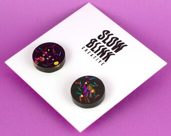 Black Resin Glitter Stud Earrings, Hypoallergenic Handmade Jewelry