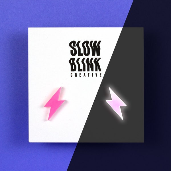 Glow In The Dark Lightning Bolt Earrings - Pink (Glows White), Handmade & Hypoallergenic
