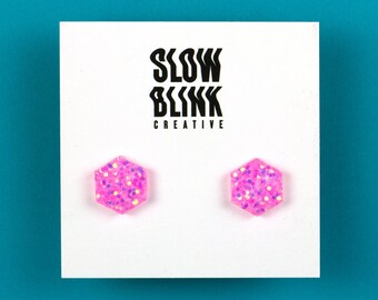 Kidcore Pink Glitter Stud Earrings – Iridescent Hexagon, Y2K