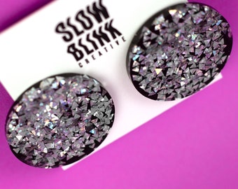 Handmade Holographic Resin Earrings – Silver & Black Kitsch Studs