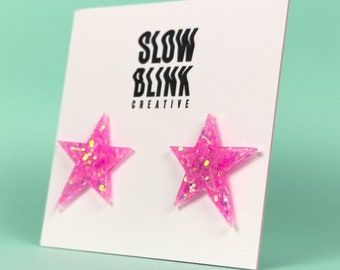 Pink Glitter Star Earrings, 80s Costume Jewelry, Hypoallergenic Studs