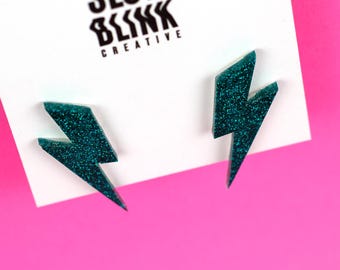 Handmade Lightning Bolt Earrings (Medium) - Teal Glitter, Hypoallergenic Maximalist Jewelry