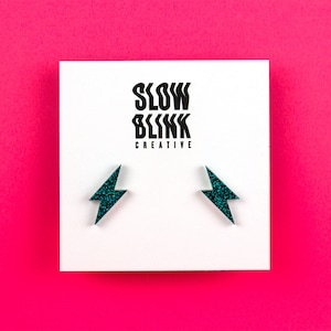 Lightning Bolt Earrings (Small), Teal Blue Glitter Earrings, Resin Earrings, Cool Stud Earrings, Hypoallergenic Handmade Jewelry