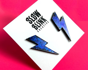 Lightning Bolt Earrings (Medium) - Black & Iridescent Blue