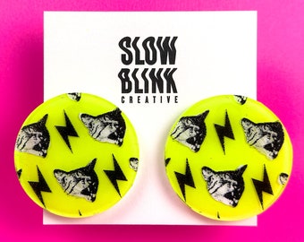 Pop Art Cat Stud Earrings, Resin Statement Jewelry, Handmade Hypoallergenic
