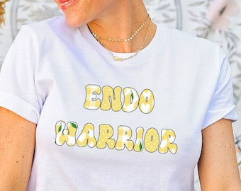 Endo Warrior Shirt with Yellow Text; Cute Endometriosis Awareness Tee with Patterned Letters; Feminine Chronic Illness T-Shirt