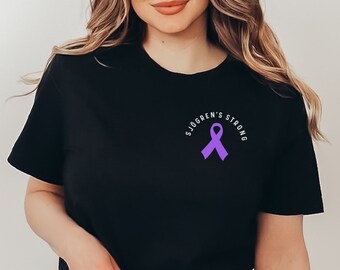 Sjögren’s Syndrome Tee with Purple Awareness Ribbon Graphic; Sjögren’s Strong T-Shirt; Sjogren’s Warrior Apparel; Autoimmune Fighter Shirt