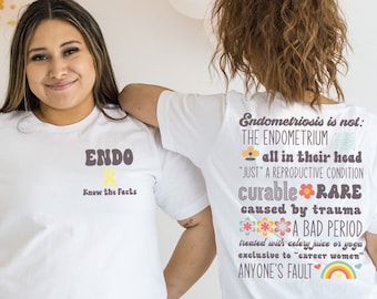 Know the Facts Endometriosis T-Shirt; Endo Awareness Graphic Tee; Retro-Style Not the Endometrium Top; Endo Myths Apparel; Cute Advocate Tee