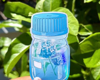 Hydrangeas in a Glass Lab Bottle Single Sticker Biochemistry | Holographic Science Sticker | Floral Botany Plant Molecular Biology Chemistry