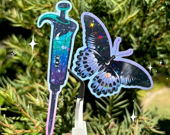 Cosmic Micropipette and Moon Butterfly Sticker duo-pack | Holographic Science Sticker | Molecular Biology