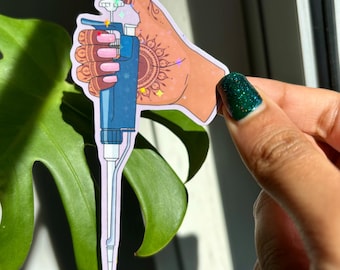 Desi Henna Hand Micropipette Single Sticker | Holographic Science Sticker | Molecular Biology | Mehendi Design | South Asian Art