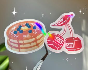 Gym Stickers Dumbbell Cherry and Platecakes duo-pack | Holographic Fitness Workout Gains Weightlifting Sticker | Foodie pun Sticker