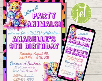Rainbow Leopard Party Animal Birthday Invitation for Girl | Neon Safari Birthday Party Invite | editable template