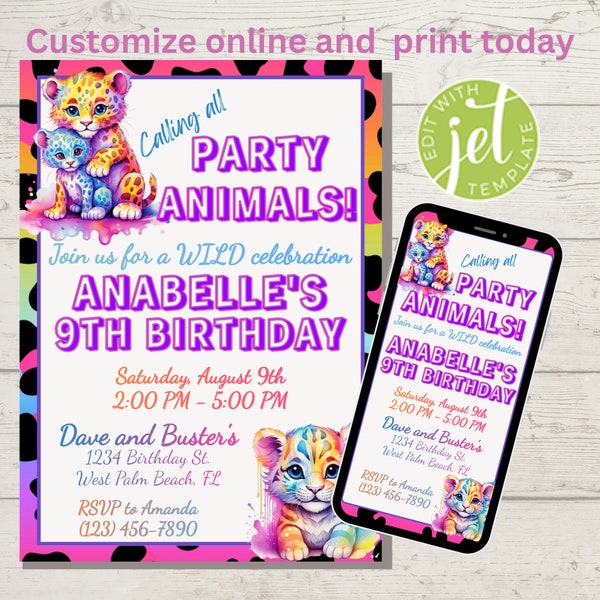 Rainbow Leopard Birthday Invitation | Neon Safari Party (Editable Template)