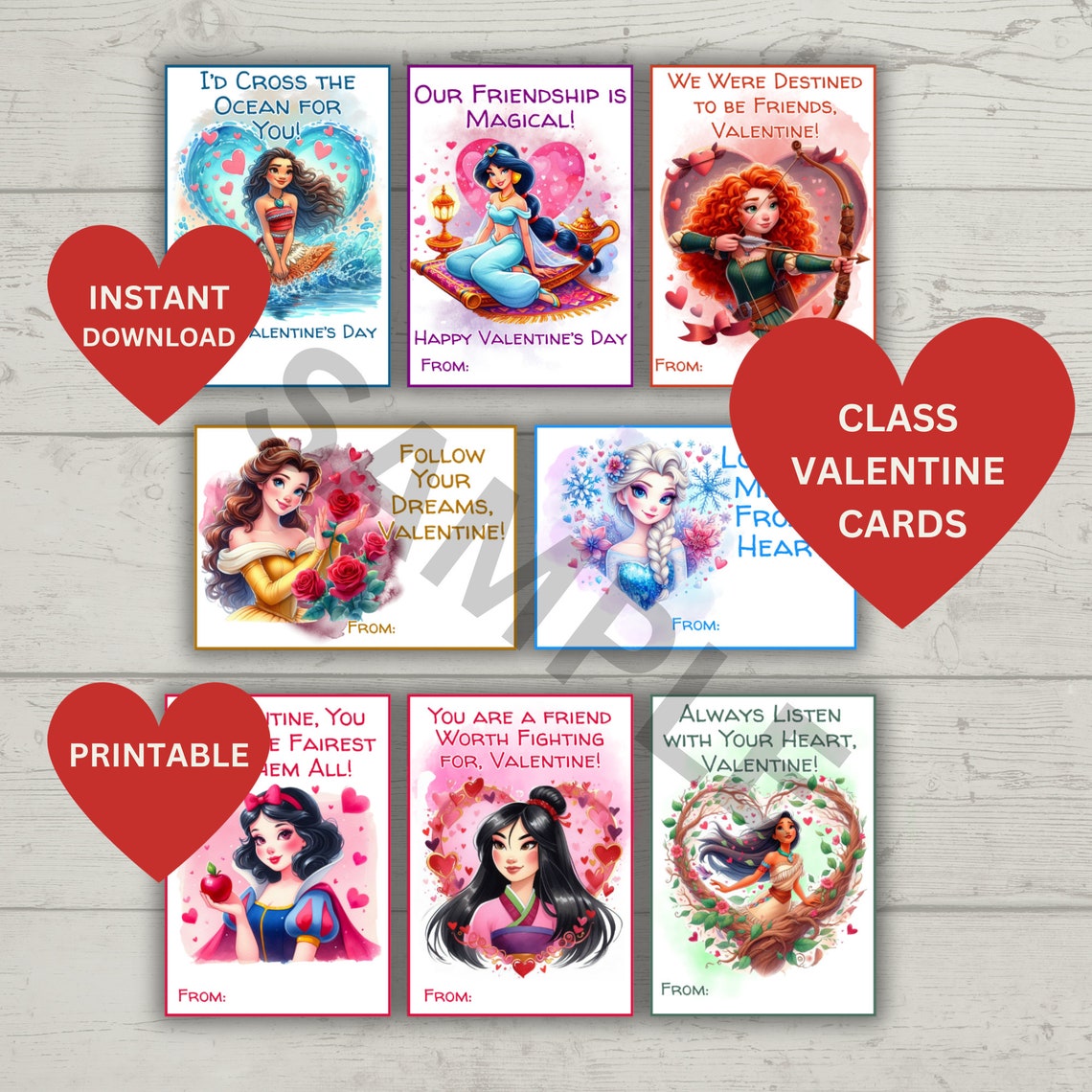 Princess Valentine Cards for Class | Printable Valentines (PNG, PDF) - Etsy