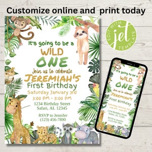 Wild One Einladung Bearbeitbar, Safari Geburtstag 1. Geburtstagseinladung, Dschungel-Geburtstag, erster Geburtstag