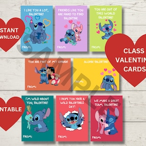 Stitch Valentine Class Cards Téléchargement instantané | Cartes de Saint Valentin Lilo et Stitch imprimables