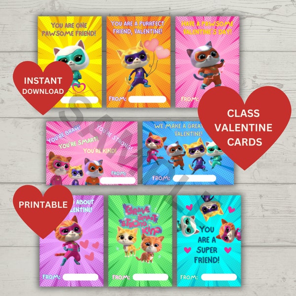 Super Kitties Class Valentine Cards Instant Download | Super Kitties Valentine Class Printable