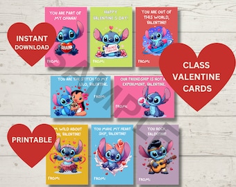 Stitch Class Valentine Cards Instant Download | Lilo and Stitch Valentine Class Cards Printable