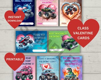 Monster Truck Valentine Cards for Class | Printable PNG & PDF (Digital Download)
