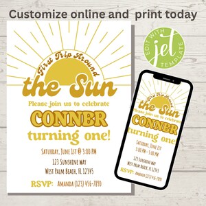 First Trip Around the Sun 1st Birthday Invitation | First Birthday Party Invite | Sunshine Birthday editable template