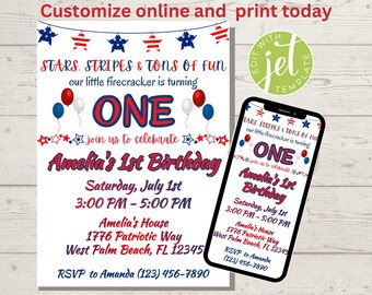Patriotic 1st Birthday Invitation | Red, White, and Blue Template (Digital)