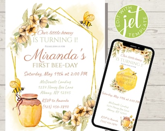 Bee First Birthday Invitation | Editable Template (Digital Download)
