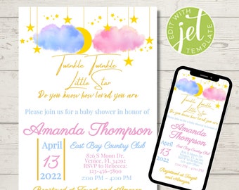 Twinkle Twinkle Little Star Baby Shower Invitation, Twinkle Star Invitation, Gender Neutral Baby Shower Invite, Instant Download, Digital