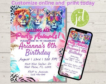 Calling All Party Animals Birthday Invitation | Leopard Print | Jungle Theme | Safari Party | Girl Invite, Editable Invitation Template