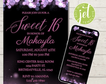 May include: A black and pink Sweet 16 birthday party invitation with a sparkly background. The invitation includes the text "Sweet 16" in pink script, the name "Makayla" in pink script, and the date and time of the party. The invitation also includes a phone number for RSVP.