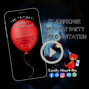 Op de afbeelding: Een digitale video-uitnodiging voor een 15e verjaardagsfeest. De uitnodiging heeft een rode ballon met de tekst "TIME TO FLOAT!" en "GEORGIE'S 15TH BIRTHDAY". De uitnodiging bevat ook de datum, tijd en locatie van het feest. De achtergrond van de uitnodiging is donkerblauw met een griezelig clown-gezicht. De uitnodiging bevat de tekst "IT JUMPSCARE BIRTHDAY PARTY VIDEO INVITATION" en "Easily Share On" met social media-pictogrammen.