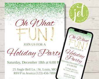 Christmas Party Invitation, Holiday Party Invitation, Oh What Fun! Holiday Party, Red Green Gold Instant Download Printable Editable