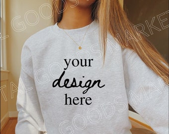 Gildan 18000 Sweatshirt Mockup- Ash Sweatshirt - Ash Sweatshirt Mock - Model Mockup - Ash Mockup - Ash Gildan Mockup - Close up Mockup