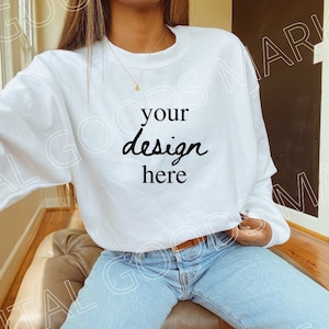 Gildan 18000 Sweatshirt Mockup - White Sweatshirt - White Sweatshirt Mock - Model Mockup - White Gildan Mockup - Close up Mockup
