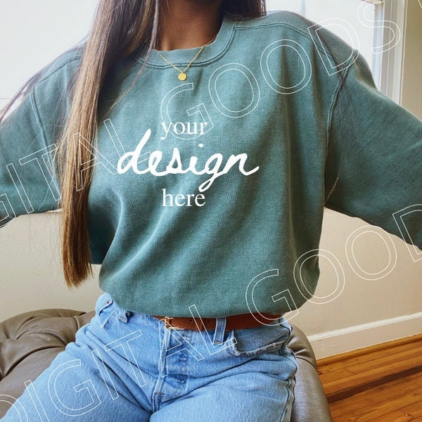 Comfort Colors 1566 Blue Spruce Mockup - 1566 Long Sleeve Sweatshirt Mock - Blue Spruce Comfort Colors Model - Crewneck Shirt