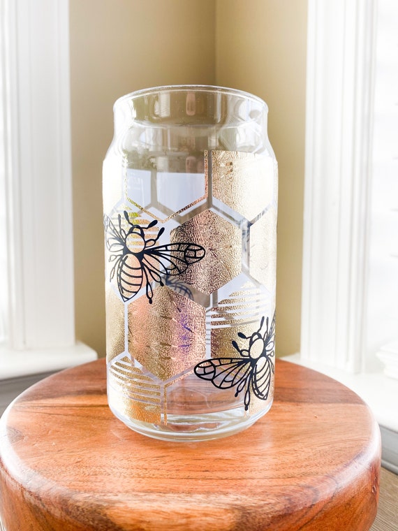 Bee Hive Beer Can Glass, Bee Beer Can Glass, Bee Coffee Glass, Iced Coffee  Cup, Iced Coffee Glass, Coffee Glass, Coffee Cup 