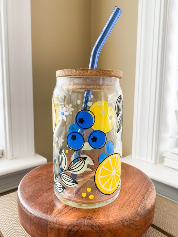 Lemons and Blueberries Glass, Blueberry Lemonade Beer Can Glass Cup, Iced  Coffee Glass, Iced Coffee Cup, Aesthetic Glass Cup, Coffee Cup 