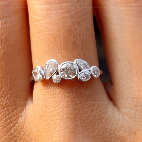 Bubble Style Bezel Set Moissanite Tiny Gold Ring, Multi Stone Scattered Minimalist Ring, Anniversary ring for women, Bubble multi stone ring