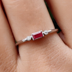 Stackable Ruby Baguette Ring / July Birthstone Ring / Ruby Minimalist Ring For Women / Dainty Stacking Ring / Thin Gemstone Ring For Mom